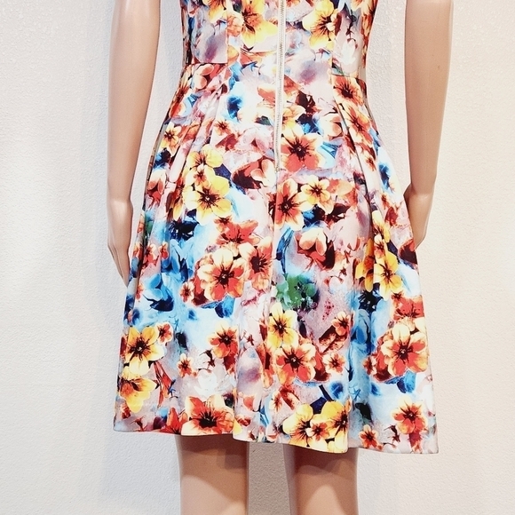 Betsey Johnson Floral Scuba V-Neck Fit Flare Skater A-Line Orange Blue Dress - Picture 10 of 13